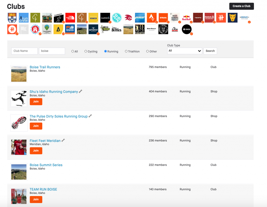 Strava Club search screenshot